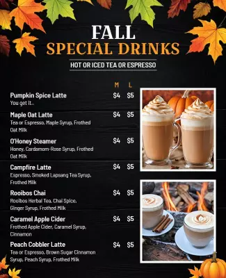 Autumn-Themed Fall Special Drinks Menu Poster Template