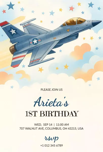 Aviation Theme Airplane 1st Birthday Celebration Invitation Template
