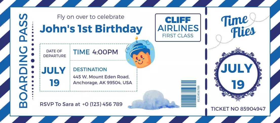 Aviation Themed First Birthday Celebration Boarding Pass Invitation Template
