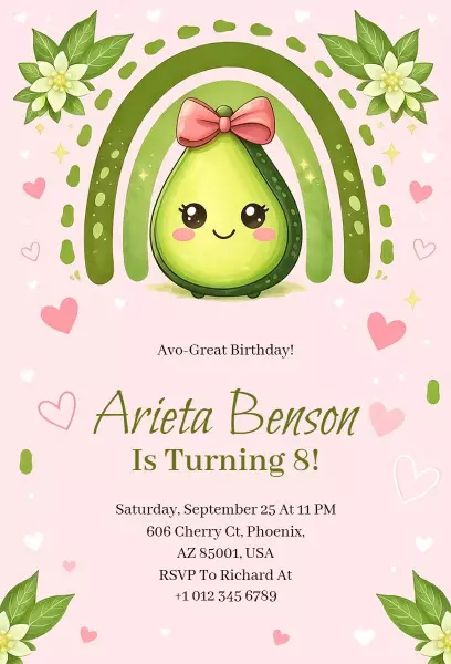 Avo-Great Birthday Cute Avocado Theme Celebration Invitation Template
