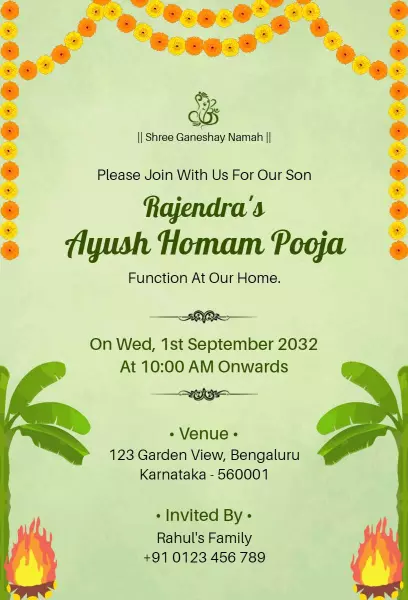 Ayush Homam Pooja Celebration Family Gathering Invitation Template