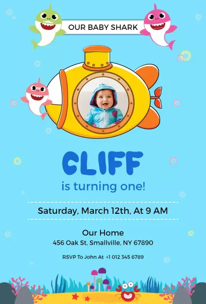 Baby Shark Theme Colorful First Birthday Celebration Invitation Template
