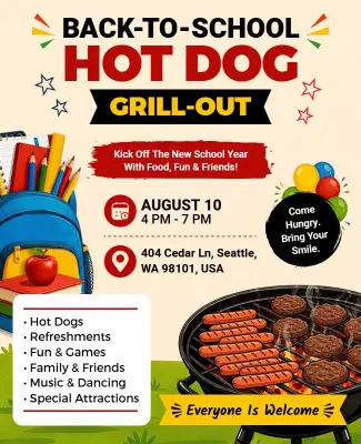 Back to School Hot Dog Grill-Out Celebration Flyer Template