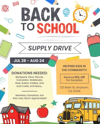 Colorful Hand-Drawn Back to School Supply Drive Flyer Template