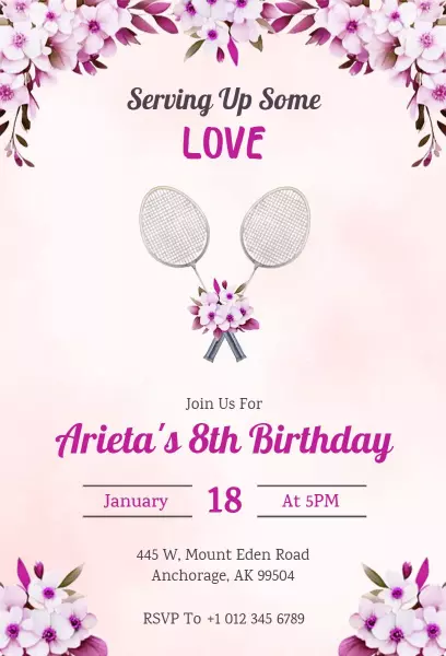 Badminton Theme 8th Birthday Celebration Invitation Template