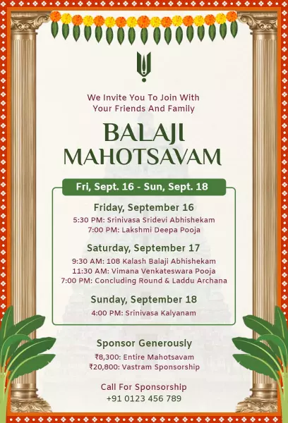 Balaji Mahotsavam Cultural Temple Celebration Invitation Template