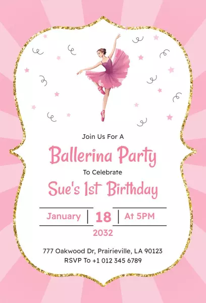 Ballerina Theme Pink 1st Birthday Celebration Invitation Template