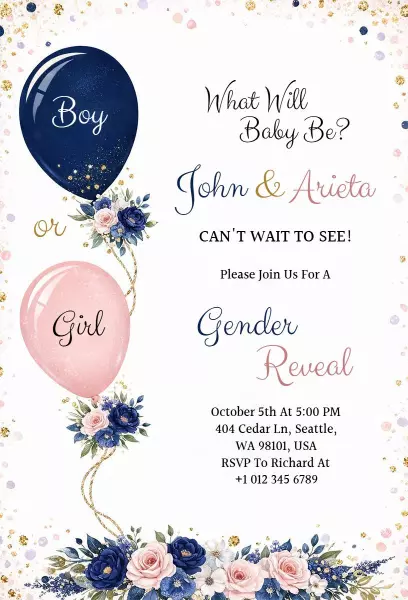 Balloon Floral Gender Reveal Celebration Invitation Template