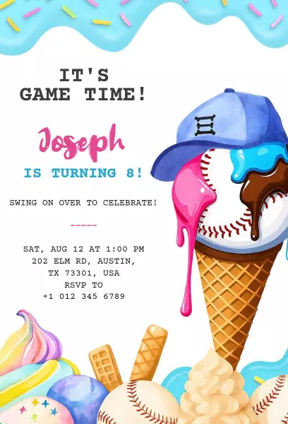 Baseball Themed Colorful Ice Cream Birthday Invitation Template