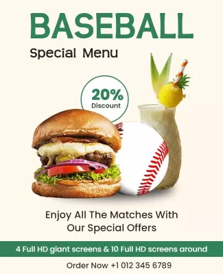 Baseball-Themed Special Menu with 20% Discount Poster Template