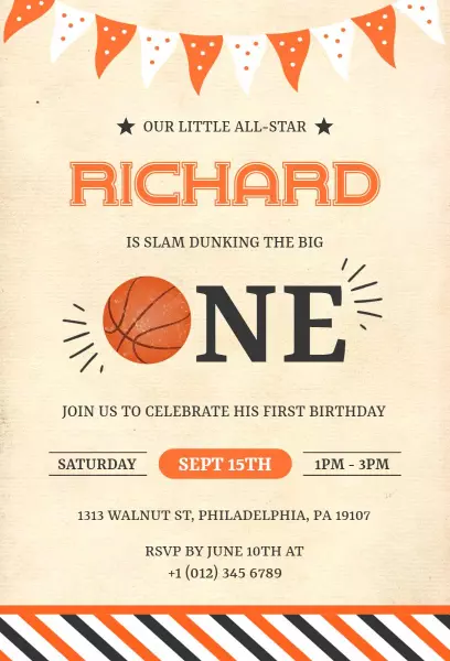 Basketball Slam Dunk First Birthday Celebration Invitation Template