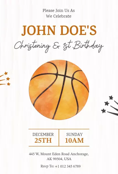 Basketball Themed Christening First Birthday Invitation Template