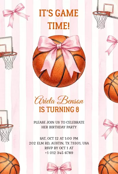 Basketball Themed Fun 8th Birthday Celebration Invitation Template