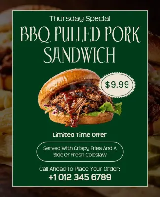 BBQ Pulled Pork Sandwich Promo Flyer Template