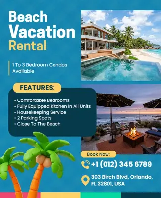 Beach Vacation Rental Advertisement Flyer Template