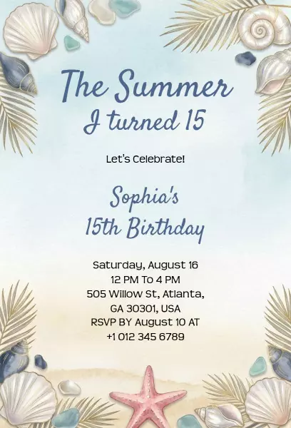 Beachy Summer Nautical Sea Shells Birthday Invitation Template