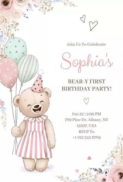 Bear-Y First Birthday Party Celebration Invitation Template