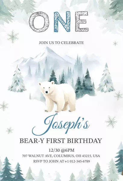 Bear-Y Winter Wonderland 1st Birthday Invitation Template