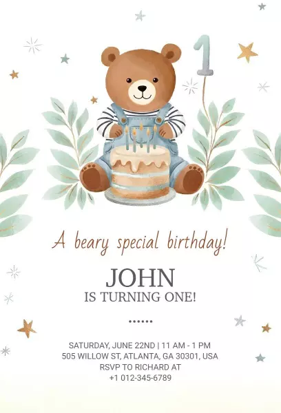 Beary Adorable 1st Birthday Celebration Invitation Template