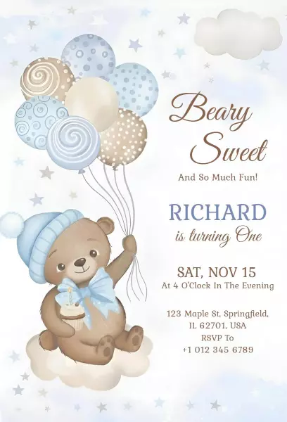 Beary Sweet Teddy Bear 1st Birthday Celebration Invitation Template