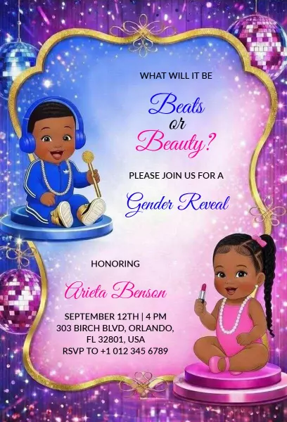 Beats or Beauty Fun Gender Reveal Celebration Invitation Template