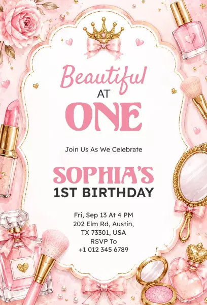 Beautiful Princess Theme Pink 1st Birthday Invitation Template