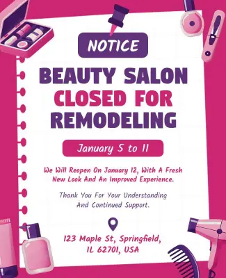 Beauty Salon Remodeling Closure Notice Flyer Template