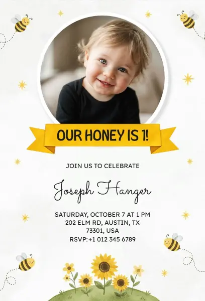 Bee and Sunflower First Birthday Invitation Template