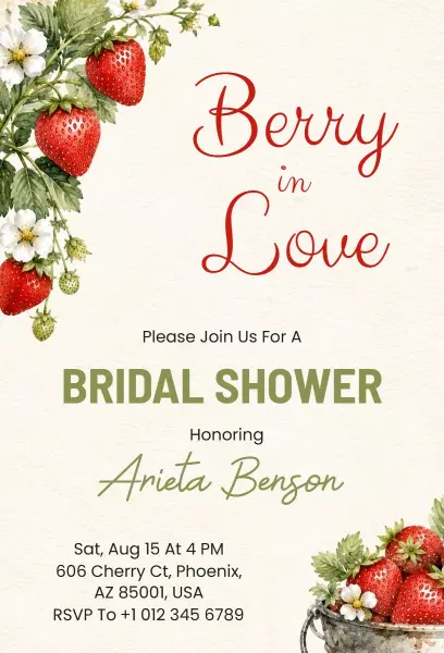 Berry Inspired Strawberry Theme Bridal Shower Invitation Template