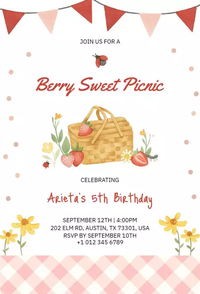 Berry Sweet Birthday Picnic Celebration Invitation Template