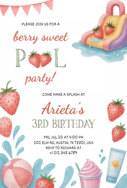 Berry Sweet Pool Party Splash Birthday Invitation Template