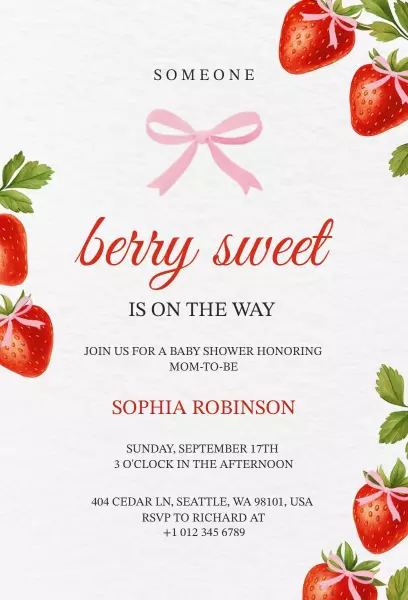Berry Sweet Strawberries Themed Baby Shower Invitation Template