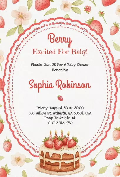 Berry Sweet Strawberry Baby Shower Celebration Invitation Template