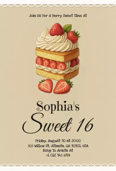 Berry Sweet Strawberry Cake Sweet 16 Birthday Invitation Template