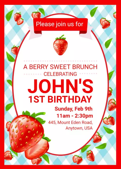 Berry Sweet Strawberry First Birthday Celebration Invitation Template
