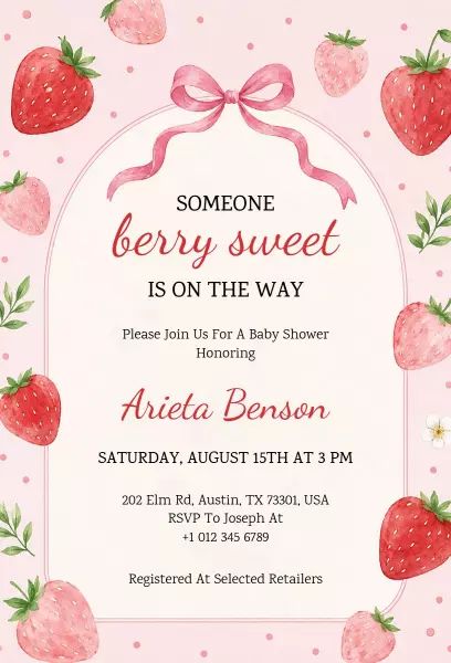 Berry Sweet Strawberry Themed Baby Shower Invitation Template