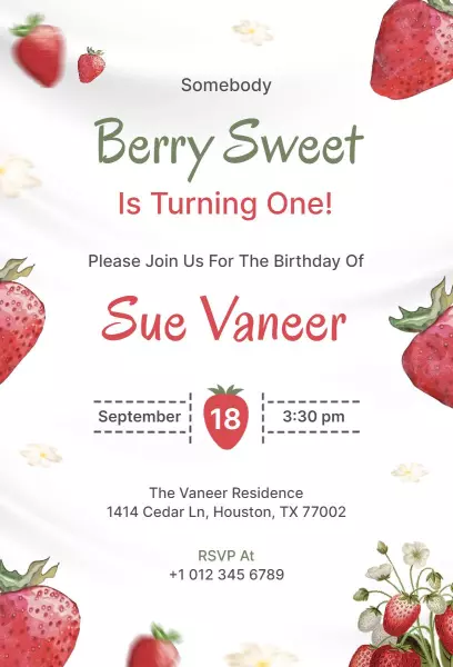 Berry Sweet Strawberry Themed Birthday Celebration Invitation Template
