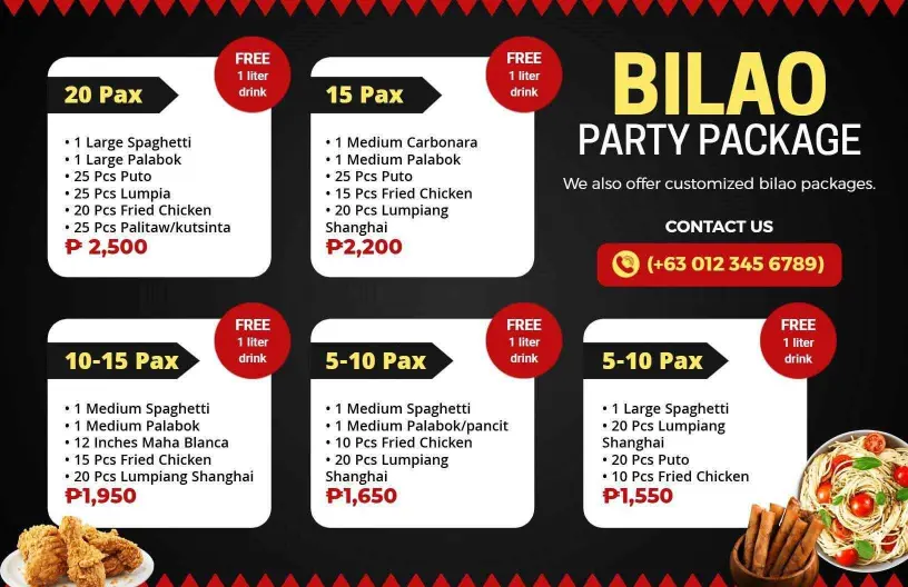 Bilao Party Packages with Spaghetti and Chicken Food Menu Template