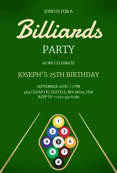 Billiards Game Fun 25th Birthday Celebration Invitation Template