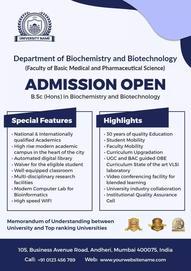 Biochemistry and Biotechnology Admission A4 Flyer Template