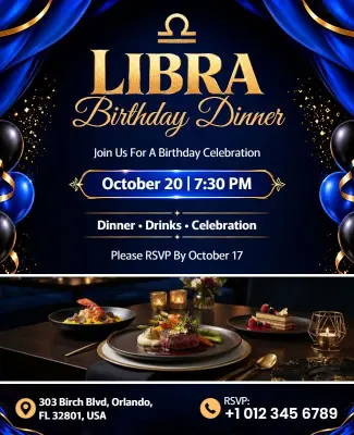 Black and Blue Libra Birthday Dinner Flyer Template