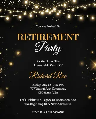 Black and Gold Sparkle Retirement Party Invitation Flyer Template