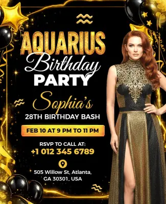 Black and Golden Theme Aquarius Birthday Party Flyer Template