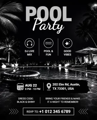 Black and Silver Pool Party Event Flyer Template