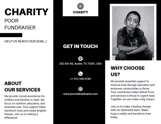 Black and White Charity Fundraiser Support and Awareness Brochure Template