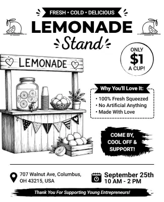 Black and White Lemonade Stand Announcement Flyer Template