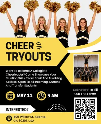 Black and Yellow Cheerleading Tryouts Event Poster Template