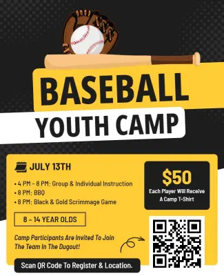 Black and Yellow Theme Baseball Youth Camp Event Flyer Template