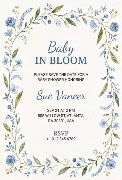 Blooming Blue Floral Baby Shower Celebration Invitation Template
