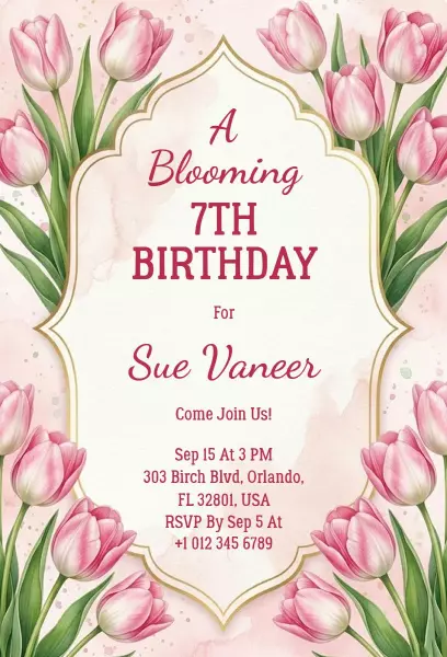 Blooming Tulip Floral 7th Birthday Celebration Invitation Template